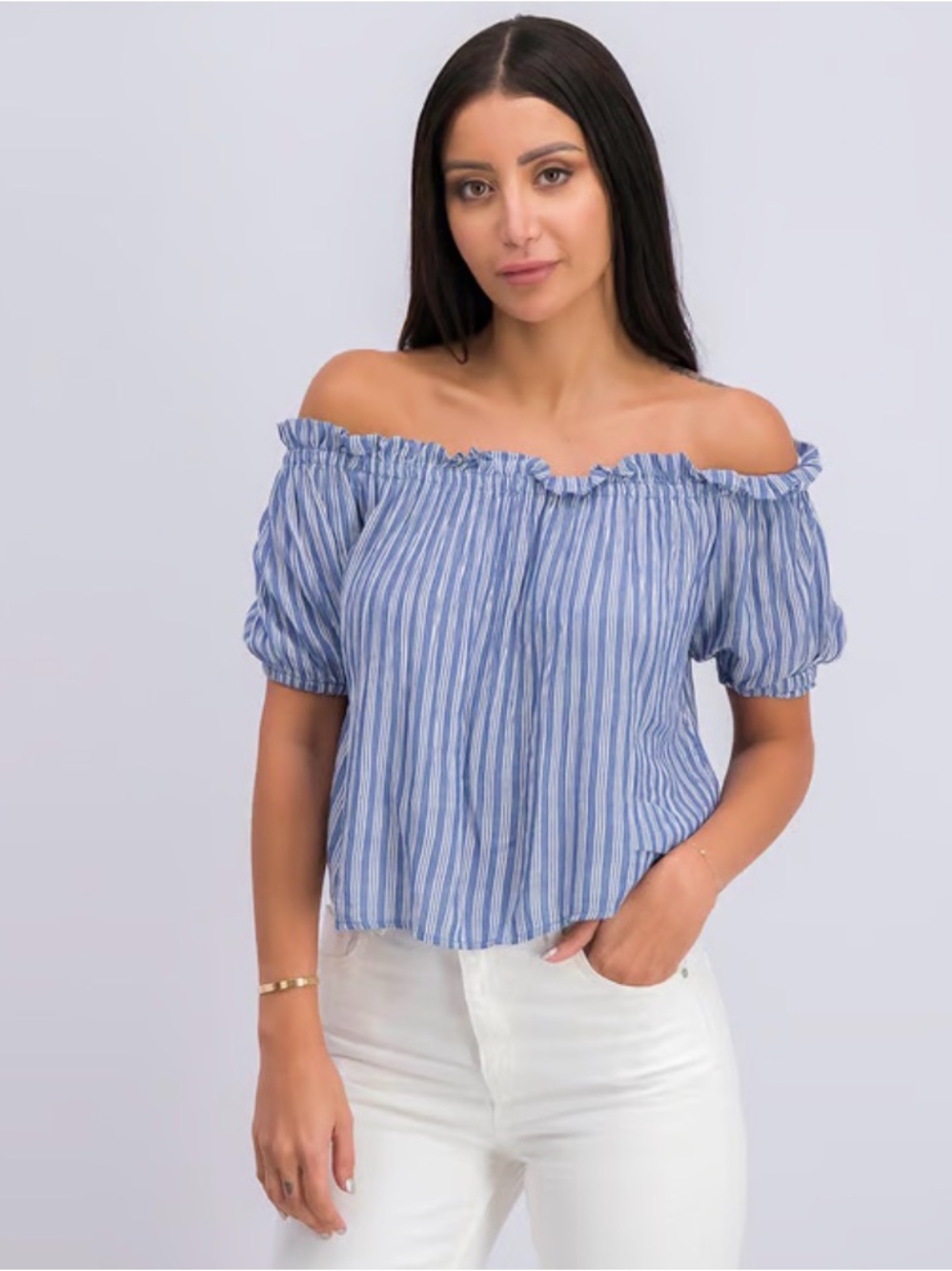 Bershka Off-Shoulder Blue Striped Women’s Top